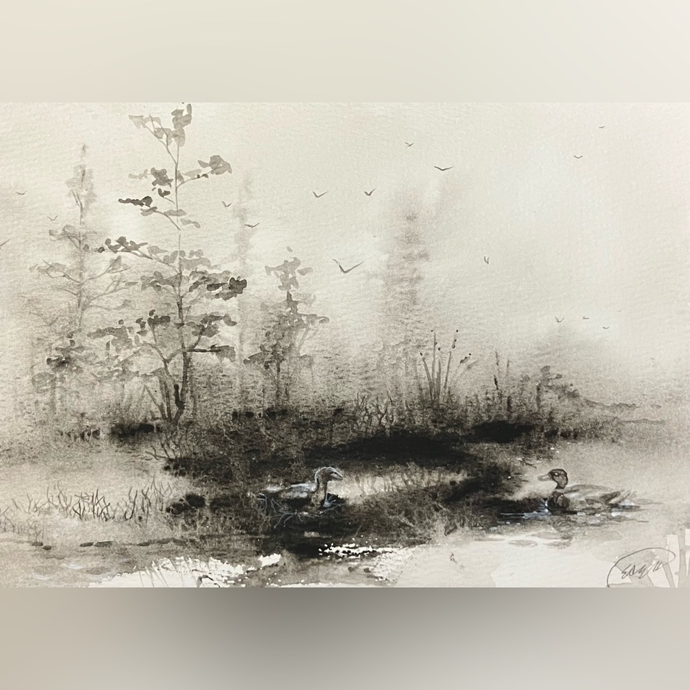 Original ducks Painting Marsh Bird Landscape Art watercolor mix artwork